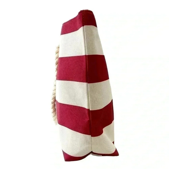 Oversized Canvas Tote Bag Rope Handle Beach Travel Carryall Red Cream Stripes - Picture 4 of 13